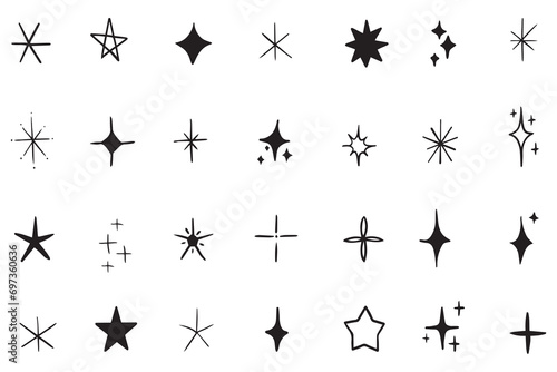 Vector set of Y2K stars  starburst and retro futuristic graphic ornaments for decoration. Set of star shapes. Templates for design  posters  projects  banners  logo  and business cards. Vector