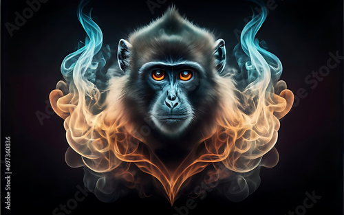 an ethereal and mesmerizing image of an Lutung Embrace the styles of illustration, dark fantasy, and cinematic mystery the elusive nature of smoke photo