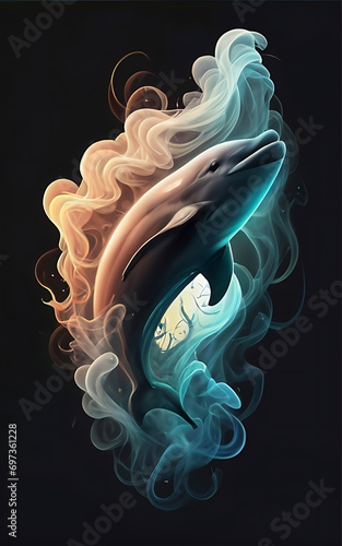 an ethereal and mesmerizing image of an Bottlenose Dolphin Embrace the styles of illustration, dark fantasy, and cinematic mystery the elusive nature of smoke