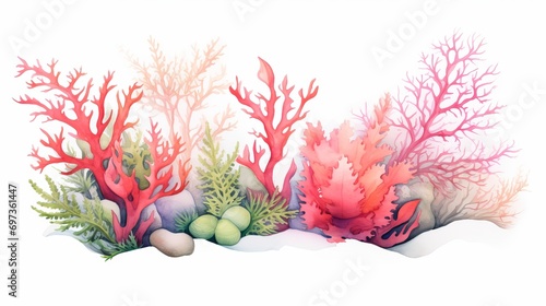 The watercolor border is made of seaweeds and corals and features a hand drawn illustration element.