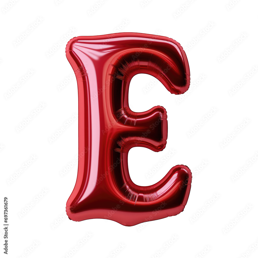 Red metallic E alphabet balloon Realistic 3D on white background. Generative AI