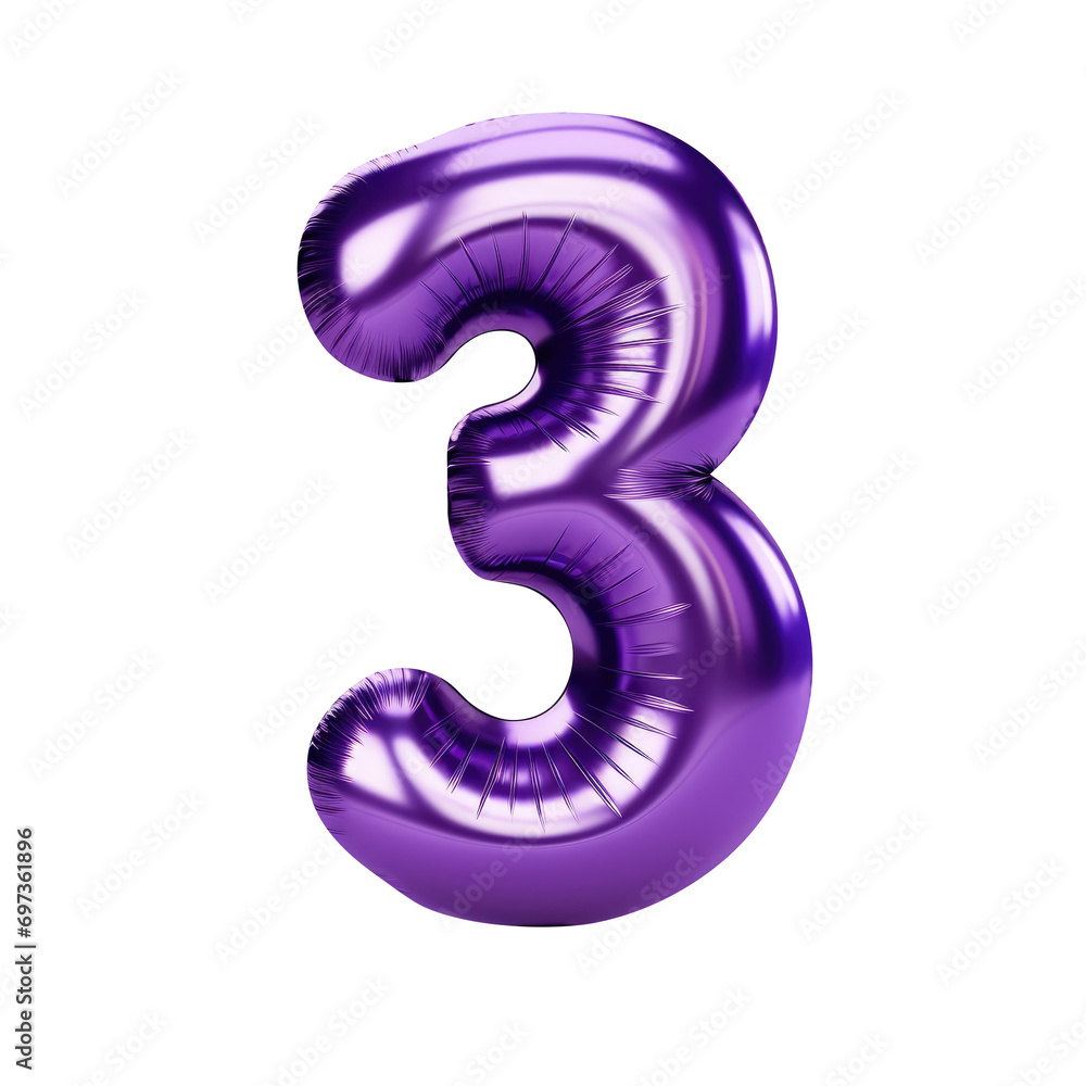 purple metallic number 3 balloon Realistic 3D on white background. purple metallic number 3 balloon Realistic 3D on white background.