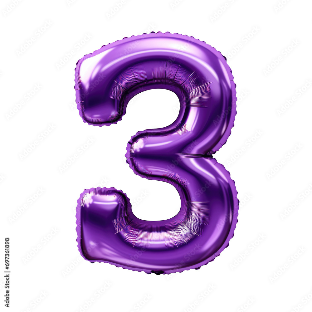 purple metallic number 3 balloon Realistic 3D on white background. purple metallic number 3 balloon Realistic 3D on white background.