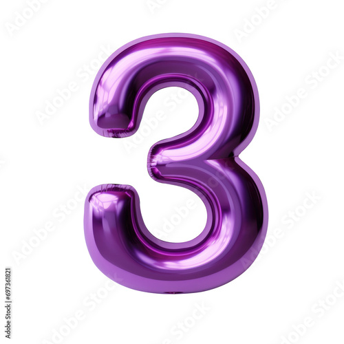 purple metallic number 3 balloon Realistic 3D on white background. photo