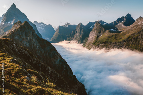 Mountains landscape in Norway aerial clouds view travel Sunmore Alps beautiful destinations scenery scandinavian nature photo