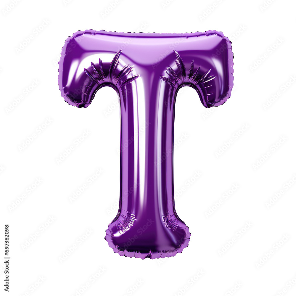 Naklejka premium purple metallic T alphabet balloon Realistic 3D on white background.