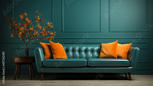 Habitación con decoración minimalista de color verde y un sofá de color verde con cojines naranjas photo
