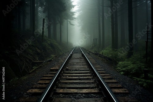 : A deserted railway track disappearing into the misty distance, symbolizing the simplicity of the journey