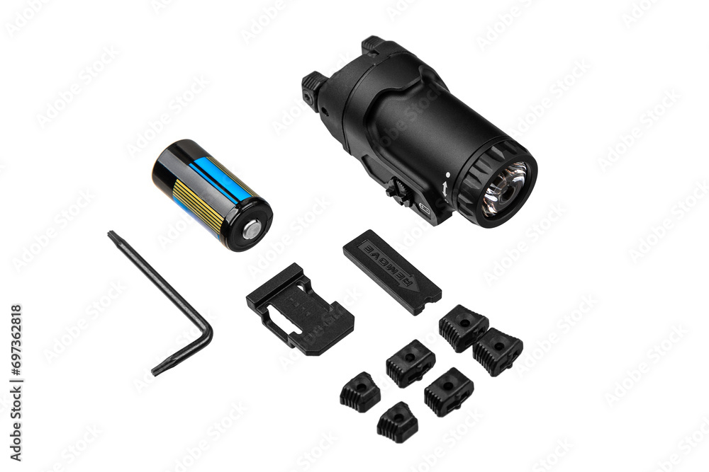 Modern LED flashlight with weapon mount. Underbarrel tactical fl Modern LED flashlight with weapon mount. Underbarrel tactical fl