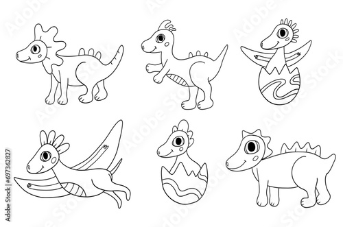 Set with cute dinosaurs in doodle outline style