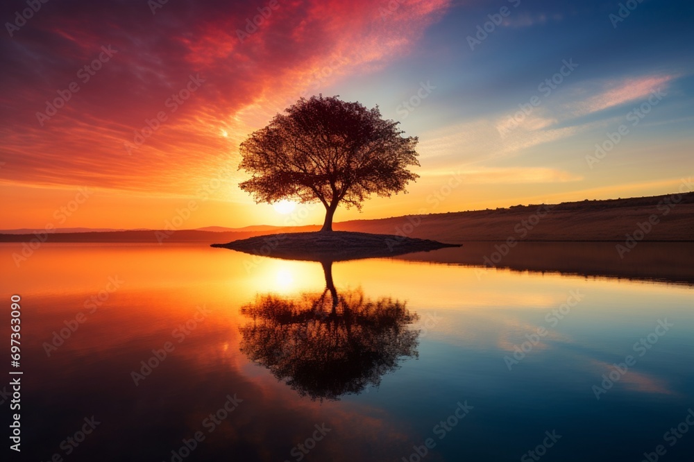 : A lone tree silhouetted against a vibrant sunset, casting a minimalistic shadow on a tranquil lake