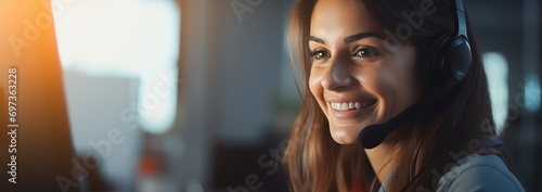 Professional woman with headset smiling in modern office setting, ideal for customer service and support themes.