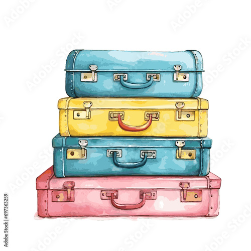 Watercolor color suitcases stack for travel design on white background