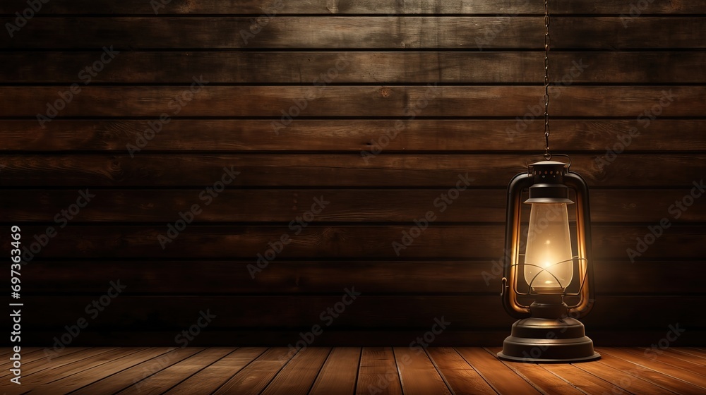 Glowing Oil lamp on wooden Plank background