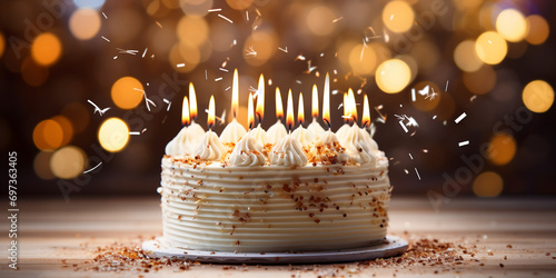 Birthday banner, white birthday cake with burning candles on sparkling bokeh background photo