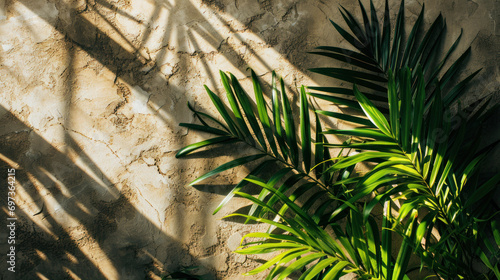 Lush palm fronds cast dramatic shadows on a textured wall  evoking the play of light and nature in a tranquil tropical setting. 