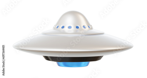 3d illustration of ufo on white color background. 3d render design of silver shine space flying saucer with blue light