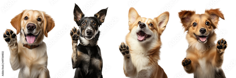Collection of dogs giving high five isolated on white background - obrazy, fototapety, plakaty 