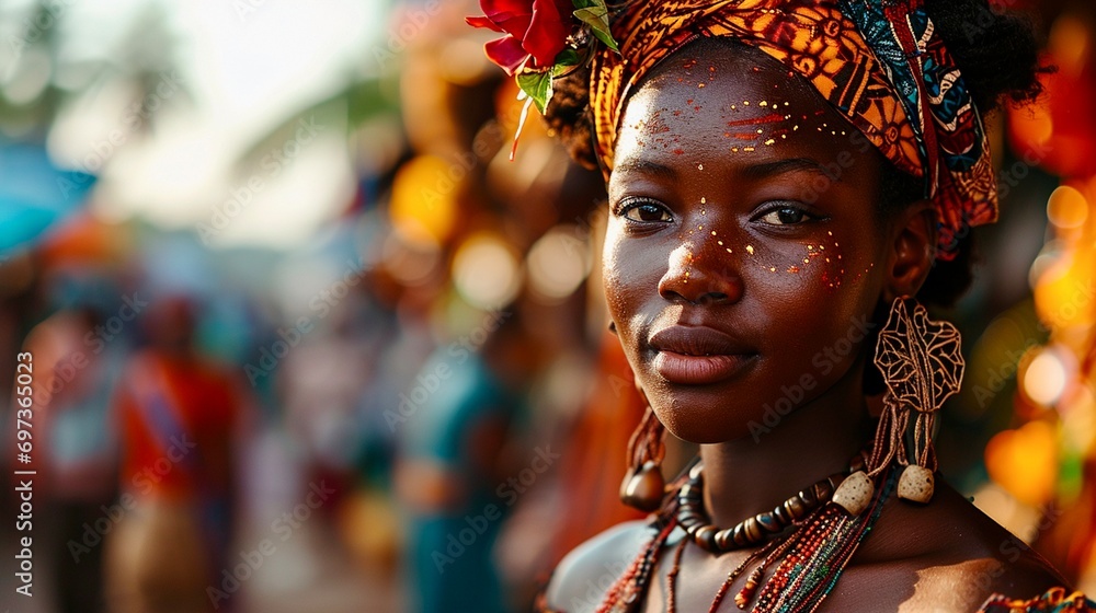 the African girl with dark skin close-up at festival outdoors