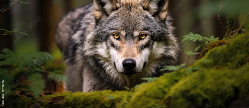 Grey wolf photographed near trees. Grey wolf photographed near trees.