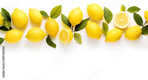 Yellow orange slices with green leaves on white background