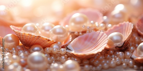 a scattering of pearls and peach-colored shells in the rays of the sun, banner, copy space © Dmitriy