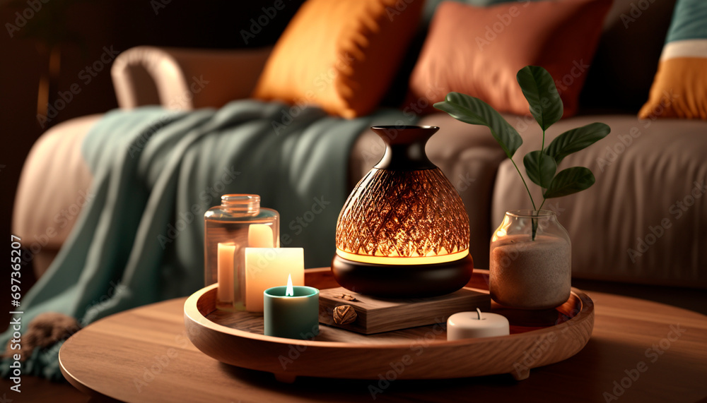Aroma oil diffuser on the table against the backdrop of the bedroom interior. Generative AI, - obrazy, fototapety, plakaty 