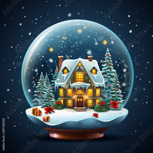 Merry Christmas Snow Globe with a House on Snowfall Winter Background 