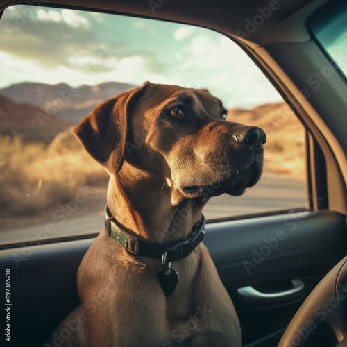Dog in car, portrait.