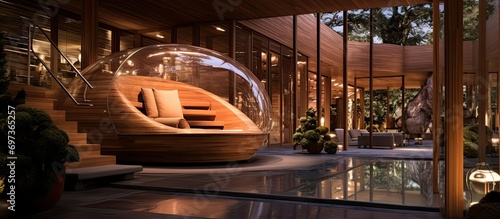 A luxurious mansion with a phytosauna, comprising a cedar barrel, lounge chair, and hammam bath, all separated by a glass partition. photo