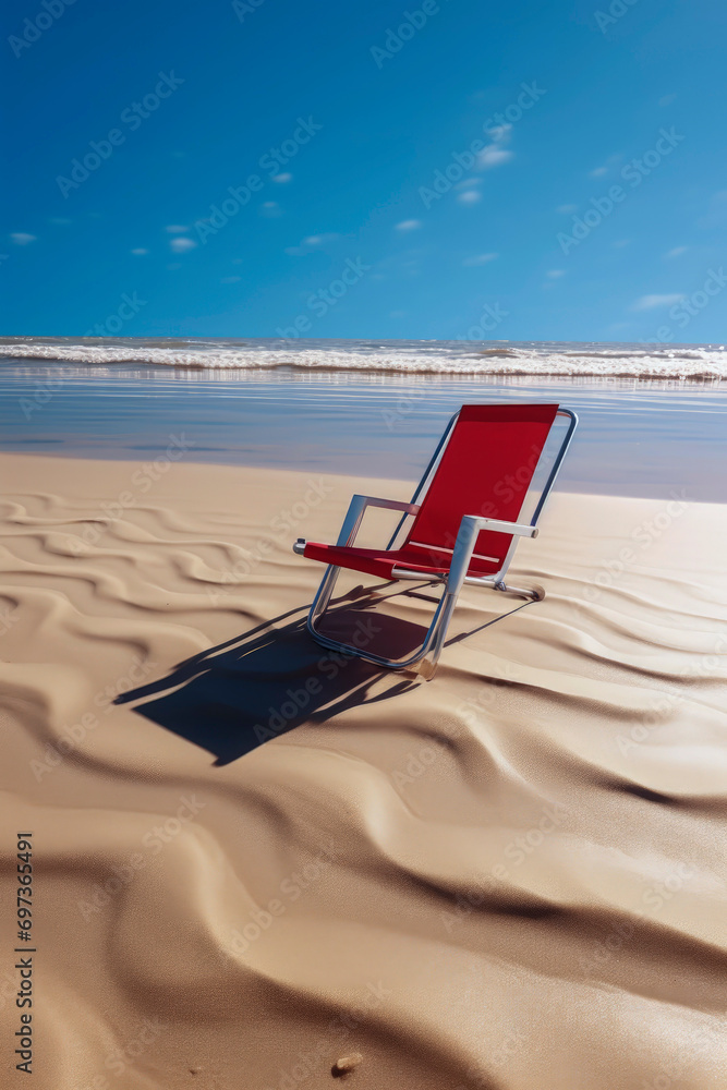 Generative AI illustration of red chair on the shore of the beach Generative AI illustration of red chair on the shore of the beach