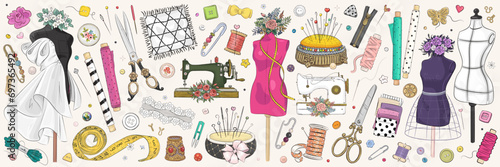 Vector hand drawn sewing retro set. Collection of highly detailed hand drawn sewing tools isolated on pink background