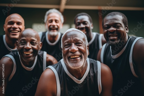 Portrait of a smiling senior basketball team outside photo