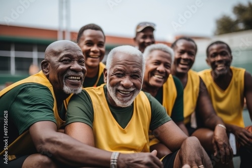 Portrait of a smiling senior basketball team outside