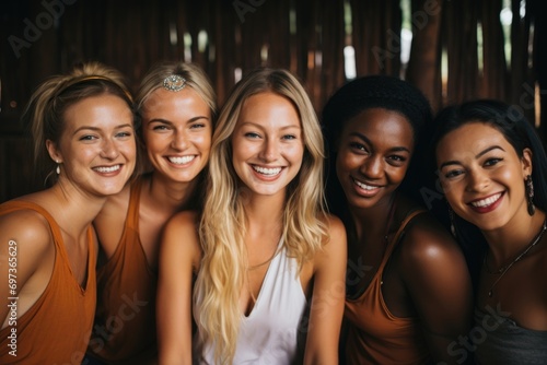 Portrait of smiling group of female yoga instructors