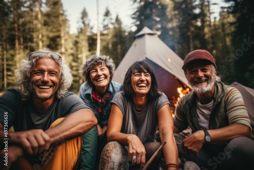 Happy senior people sitting around campfire photo