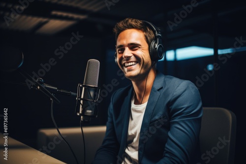 Smiling young man talking on podcast in studio photo