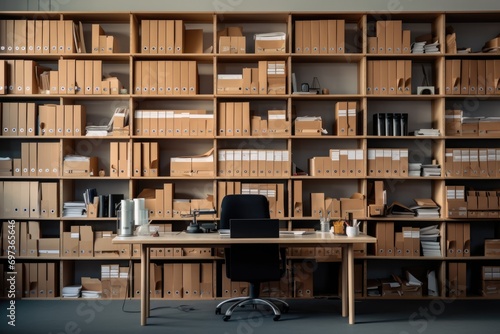 Empty modern office with shelves full of documents photo