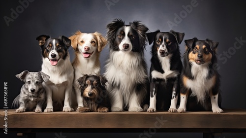 A group of animals are in a position to pose around a border collie dog, cat, ferret, rabbit, bird, fish, and rodent. © Elchin Abilov
