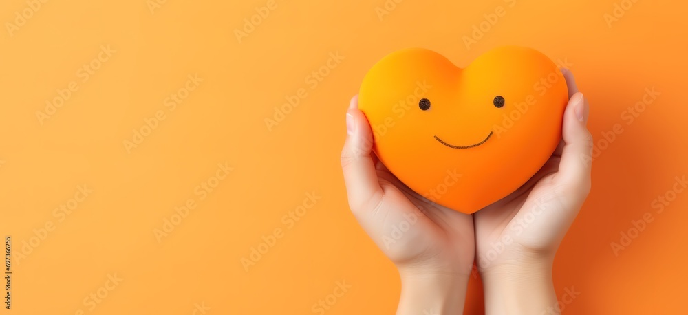 A person holding a simple heart with a smiling image on a yellow background - obrazy, fototapety, plakaty 
