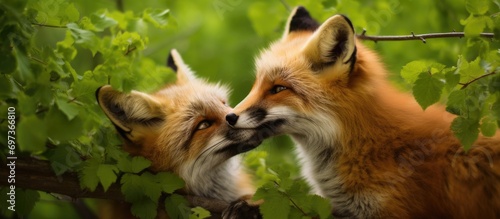 Red Fox licking mate's ear at brush edge in Rosetta McClain Gardens, Toronto, Canada.