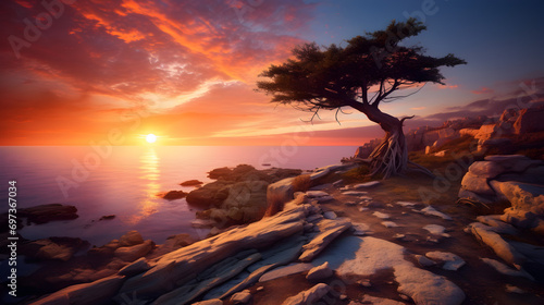 A big Lone Tree during Sunset on the beach with Red Orange Sky © Gary