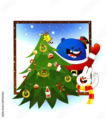 Merry Christmas and Happy New Year. Cartoon characters congratulate. Postcard