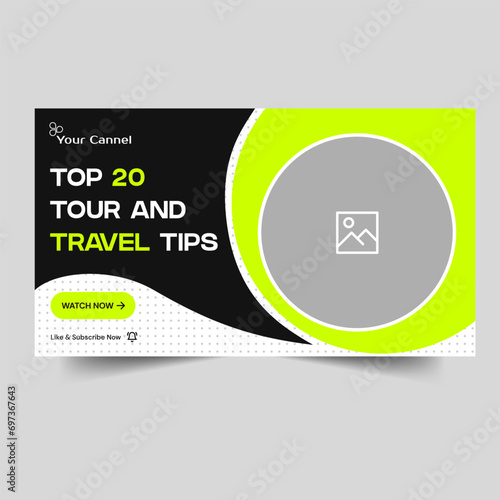 Vector illustration tour and travel tips and tricks video thumbnail banner design, journey the world ways video cover banner design, editable vector eps 10 file format