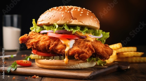 Crispy fried chicken burger sandwich on wooden table photo