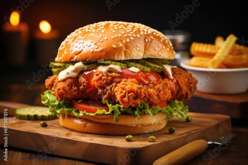 Crispy fried chicken burger sandwich on wooden table