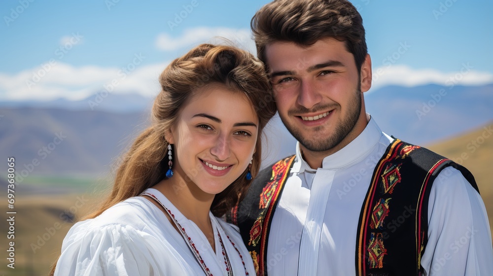 Young Armenian couple in traditional attire, radiating joy and love against a scenic backdrop Young Armenian couple in traditional attire, radiating joy and love against a scenic backdrop