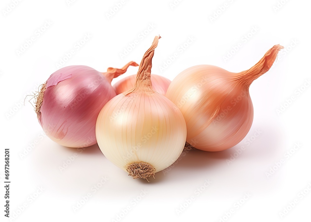 Fototapeta premium Fresh onions photographed at close range on a white background. generative Ai