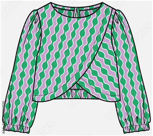 LONG SLEEVES CROP TOP WITH WRAP UP DETAIL DESIGNED FOR TEEN AND KID GIRLS IN VECTOR ILLUSTRATION FILE