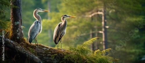 Adult and juvenile Grey Herons observed among the pine trees. photo